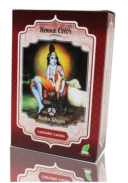 Henna Castaño Caoba Radhe Shyam 100g, color natural y fortalecedor