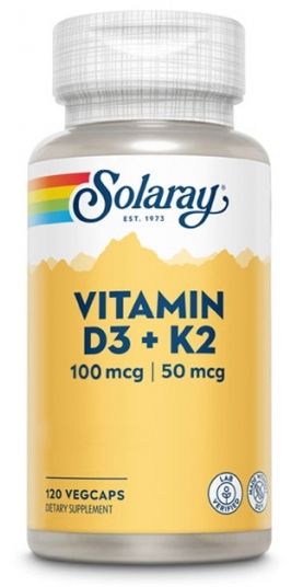Vitamina D3 y K2 Solaray 120 cápsulas veganas para huesos
