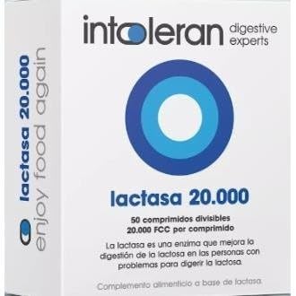 INTOLERAN Pastillas de Lactasa 20.000 FCC - Intolerancia a la lactosa Muy Alta - Tratamiento bajo Demanda - para Digestión de la Leche, Queso - Cápsulas de Enzimas Digestivas - 50 Tabletas divisibles
