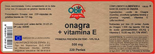 Obire | Perlas de Aceite de Onagra 500 mg | 220 Perlas | Contribuye a Aliviar los Síntomas Menstruales | Primera Presión en Frío | 10% GLA | Omega 3-6-9 | Vitamina E