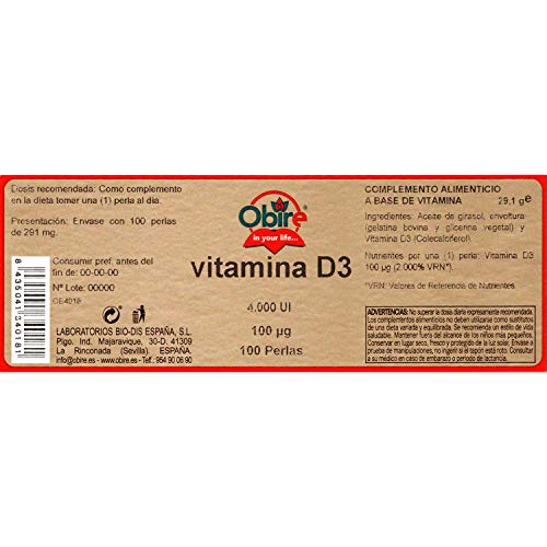 Obire | Vitamina D3 100 mcg. (4000 U.I) | Contribuye a la Absorción de Calcio y Fósforo | Favorece el Funcionamiento de las Defensas | 100 Perlas