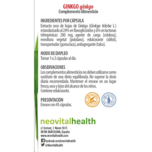NEO | Extracto de Ginkgo Biloba | 45 Cápsulas | Ayuda a Mejorar la Circulación | Favorece la Memoria y la Concentración | 200 mg | Complemento Alimenticio Natural