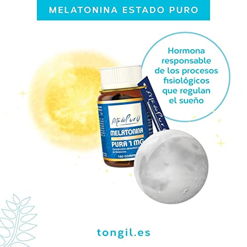 Melatonina Pura 1 mg Estado Puro | Ayuda a Conciliar el Sueño | Alivia el Desfase Horario Jet-lag | Suministro para 6 meses (180 Comprimidos) | Apto para Veganos, Sin Lactosa, Sin Gluten | TONGIL