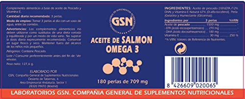GSN | Aceite de Salmón Omega 3 | Complemento Alimenticio | Para Salud Cardiovascular y Tensión Arterial | Aceite de Pescado | Vitamina E Natural | Rico en EPA y DHA | 3 cápsulas al día |180 perlas