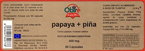 Obire | Suplemento Alimenticio de Papaya + Piña 400 mg | Favorece la Digestión | Complemento Alimenticio Con Efecto Diurético | 90 Cápsulas