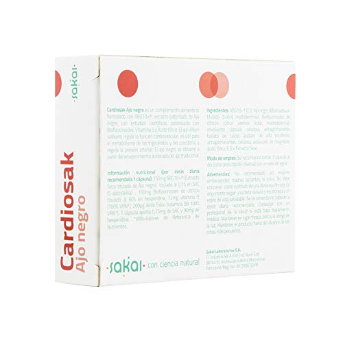 Sakai - Cardiosak Ajo Negro - Regula la función cardiovascular - Triglicéridos - Tensión arterial - Colesterol - ABG10+, Bioflavonoides, Vitamina E y Ácido Fólico - Sin olor - Sin sabor