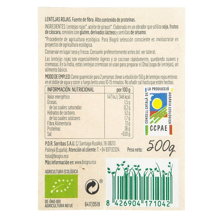 Lentejas Rojas Eco 500g Biogra
