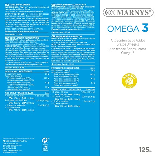 Marnys OMEGA 3 - Formato Líquido y con Sabor a Limón - Facilita la función Cardíaca y Neurológica -Botella 125 ml 258 g