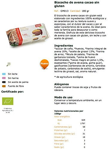 Bizcocho de avena y cacao sin gluten - Germinal - 180g