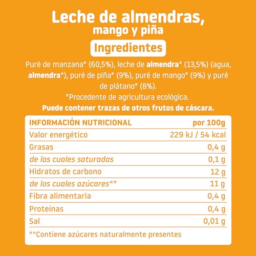 Smileat - Pouch de Leche de Almendra, Mango y Piña, Ingredientes Naturales Bebibles, Para Bebés a Partir de los 9 Meses - 100g