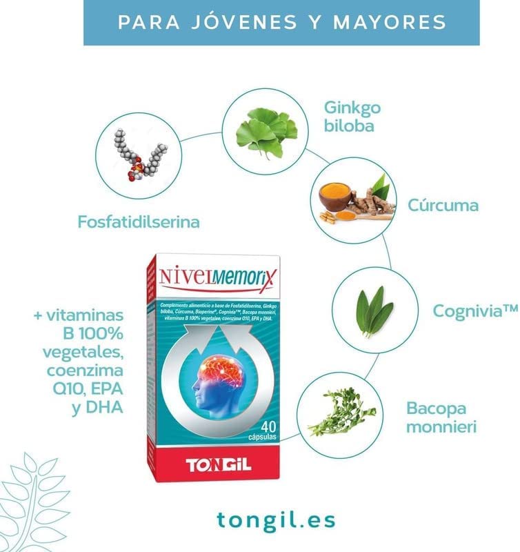 Nivelmemorix | Nootropico Para la Memoria y Concentración | Con Ginkgo Biloba, Fosfatidilserina, Bacopa Monnieri, Cúrcuma, Salvia, Coenzima Q10 y Vitaminas Grupo B | 40 Cápsulas Vegetales de Tongil