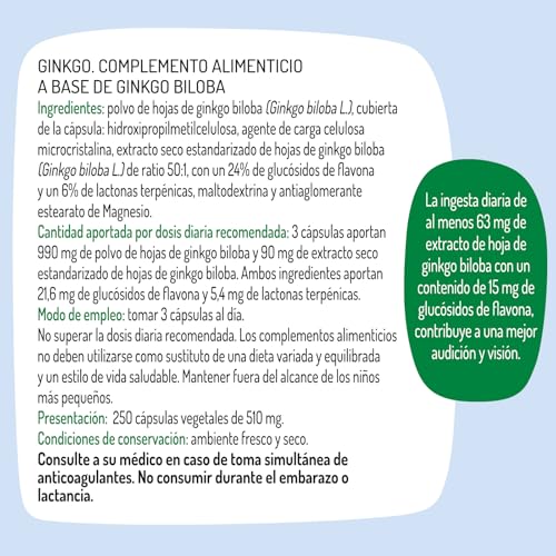 El Granero Integral - Ginkgo Biloba - 250 Cápsulas - Elaborado a Base de Polvo y Extracto de Hojas de Ginkgo Biloba - Ayuda a la Correcta Circulación de la Sangre