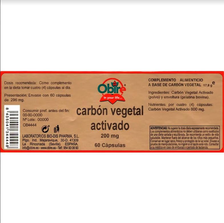 Obire | Carbon Vegetal Activado 200 miligramos | 60 cápsulas | Carbón Activo I Propiedades Depurativas y Digestivas I Detox
