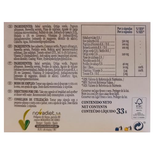 Novadiet - PROSNOVA PROGRESS con Zinc, Vitamina D, Sabal, Pygeum, Boswellia y Ortiga Verde - Complemento Alimenticio Para la Salud Prostática - Ayuda a Mejorar las Molestias de la HBP - 60 Cápsulas