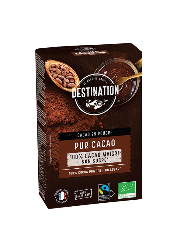 Destination - Cacao Puro y Ecológico 100% BIO - Solo 10-12% de Materia Grasa - Sabor Intenso - Ideal para Preparación de Recetas de Repostería y Postres - 250 g