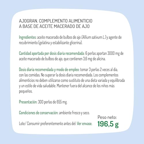 El Granero Integral - Ajogran Complex - 300 Perlas - Elaborado a Base de Aceites Macerados de Espino Blanco, Ajo y Hojas de Olivo - Ayuda a Controlar la Tensión Arterial