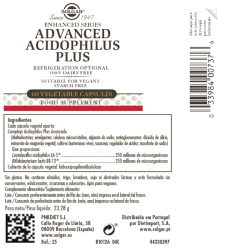 Solgar | Acidophilus Plus Avanzado no lácteo | Mantenimiento de flora intestinal | 120 Cápsulas vegetales