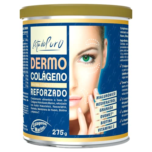 Dermo Colageno Reforzado Estado Puro - Colágeno Marino con Ácido Hialurónico, Resveratrol, Granada, Membrana de Huevo, Biotina y Vitamina C - Nutricosmética para Reafirmar la Piel - 275 Gr de Tongil…