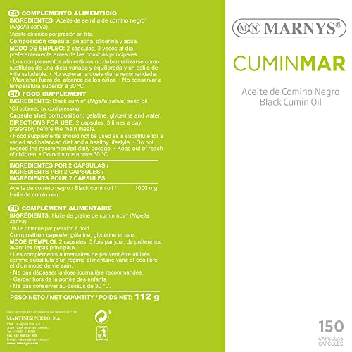 Cuminmar MARNYS, Cápsulas de Aceite de Comino Negro, Para las Molestias Respiratorias en Primavera, 50 Cápsulas