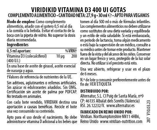 Viridian Viridikid Liquid Vitamin D3 400UI | Gotas de Vitamina D3-30 ml