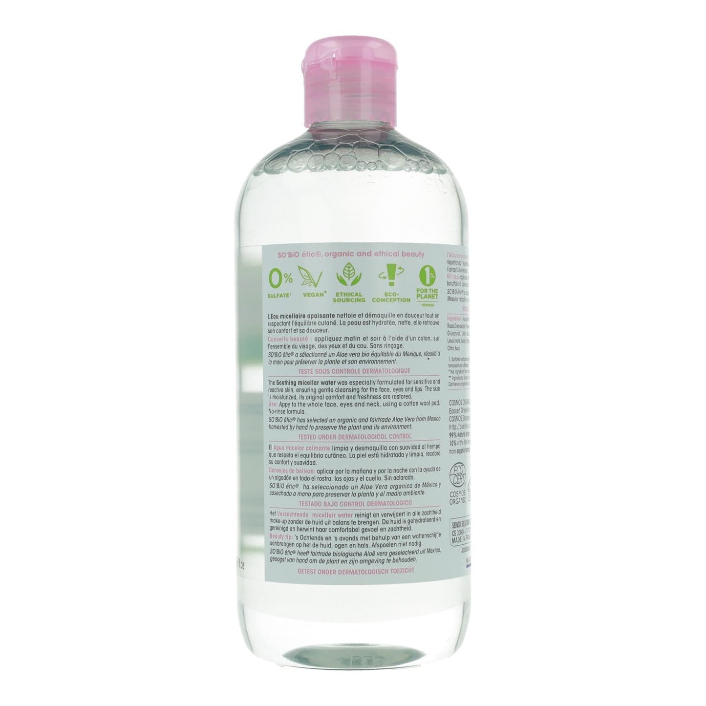 So Bio Etic Agua micelar calmante orgánica | Infundida con jugo de aloe vera y rosa | Para tipos de piel sensible a reactiva | 500 ml