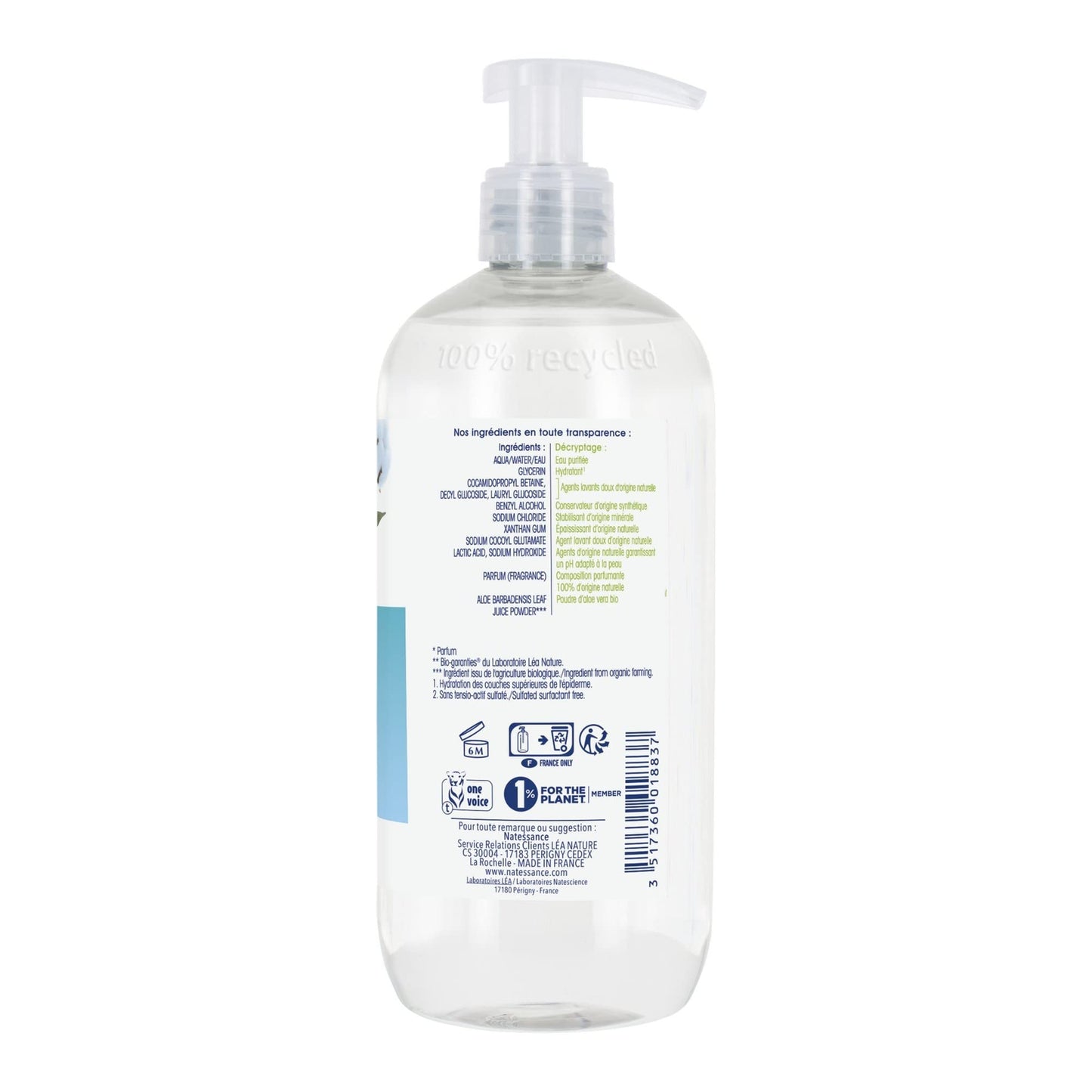 Natessance - Gel Lavant Manos Suaves Flores de Algodón - Certificado Biológico Cosmos Organic - Enriquecido con Aloe Vera - PH Fhysiológico - Frasco Bomba, 500 ml