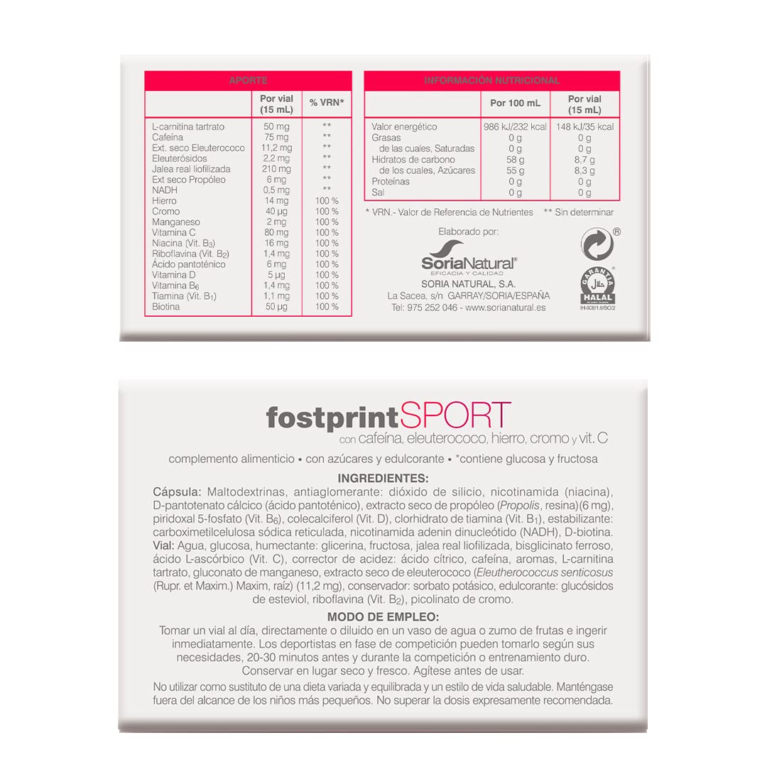 Soria Natural Fostprint Sport - Jalea Real, Vitamina B, C y D, Cafeína, Hierro, Cromo, NADH - Energía - Disminuye el cansancio y la fatiga - 20 viales
