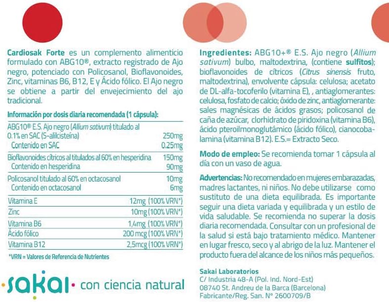 Cardiosak Forte SAKAI | Ajo Negro ABG10+® 250 mg con Vitaminas B6, B12, E, Zinc y Ácido Fólico | Apoyo al Colesterol y Bienestar Cardiovascular | 30 Cápsulas