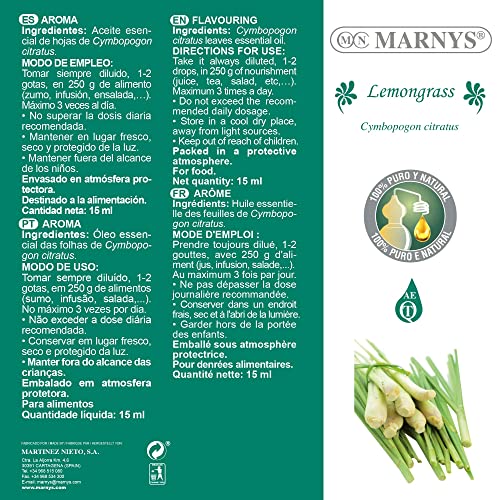 Marnys Aceite Esencial Lemongrass - 100% Puro Quimiotipado - Imprescindible para Tus Recetas de Comida Asiática - Botella 15 Ml 50 g