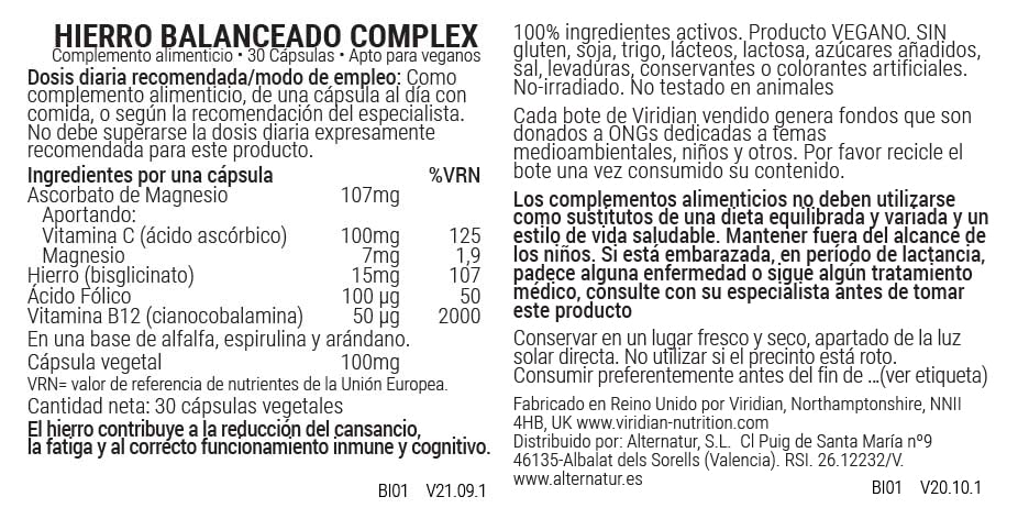Viridian Balanced Iron Complex | Complejo de Hierro Balanceado, Suplemento Vegano - 30 Cápsulas