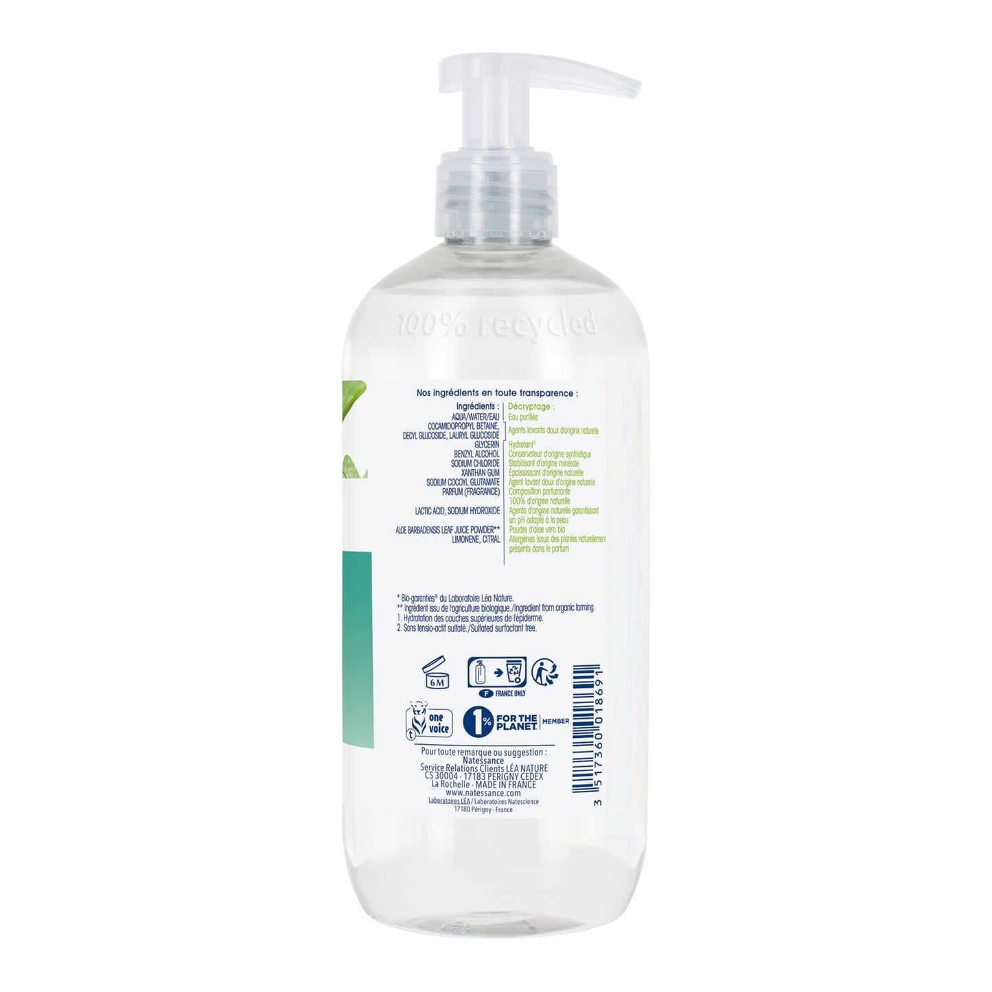 Natessance - Gel Lavant Manos Frescura Aloe Vera - Certificado Biológico Cosmos Organic - Aloe Vera Bio, Notas de Agrumas, PH Fhysiológico - Frasco Bomba, 500 ml