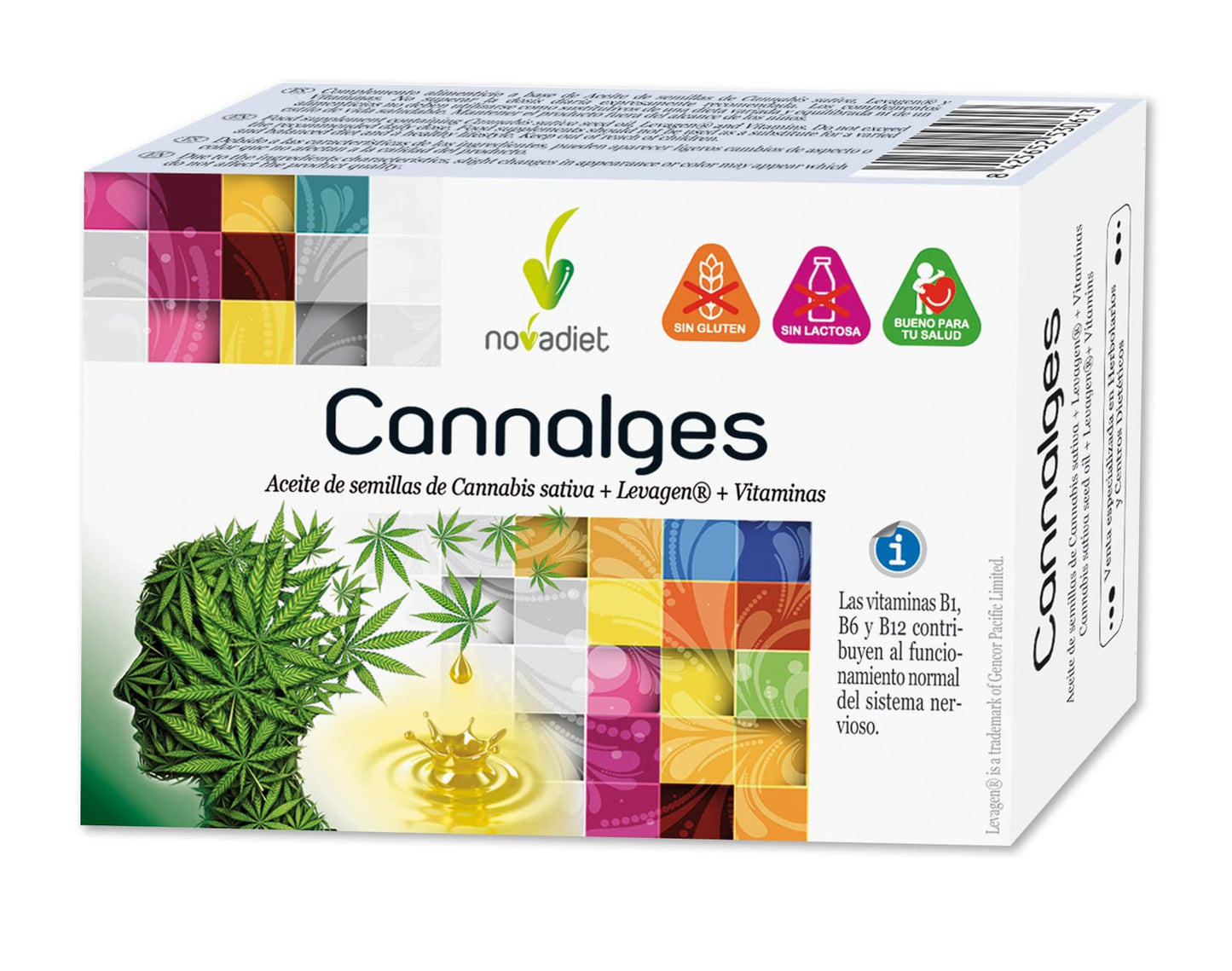 Novadiet - CANNALGES Cápsulas con Aceite de Semillas de Cannabis, Levagen y Vitaminas – Ayuda a Aliviar el Dolor y la Inflamación, al Correcto Funcionamiento Normal del Sistema Nervioso - 30 Cápsulas