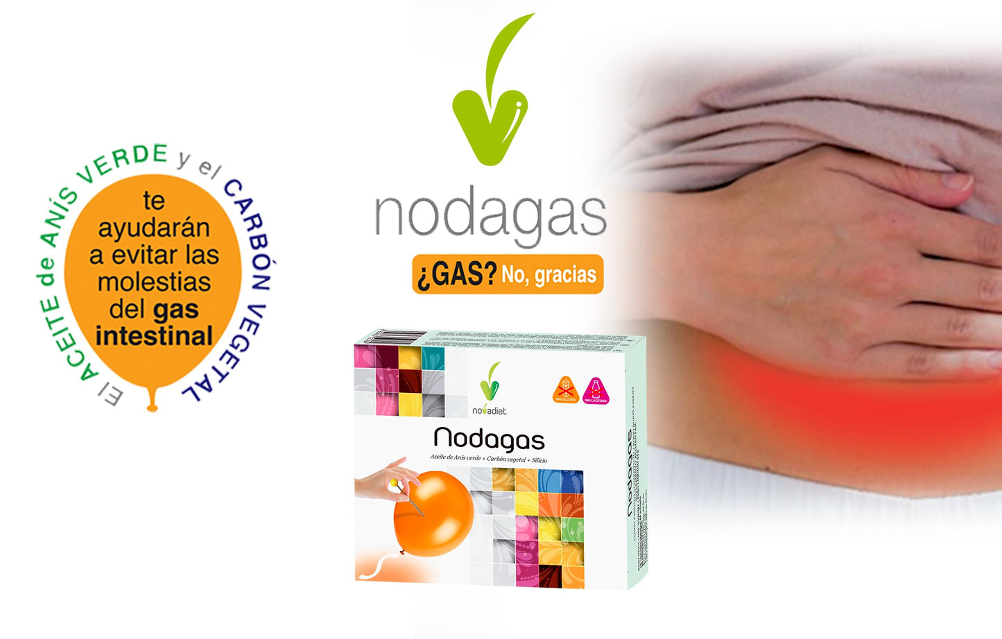 Novadiet - NODAGAS Cápsulas con Aceite de Anís Verde, Carbón Vegetal Purificado y Silicio - Ayuda a Disminuir el Meteorismo las Flatulencias, Hinchazón Abdominal y la Digestión Saludable - 48 Cápsulas