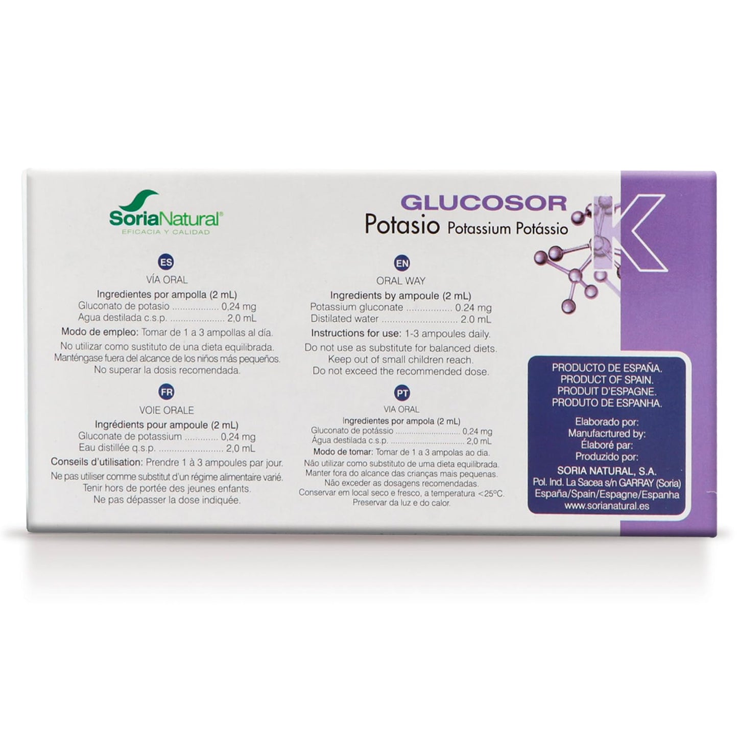 Soria Natural Glucosor Potasio - Suplemento a Base de Potasio en Ampollas – Apoya la Función Muscular, Nerviosa y Cardíaca – Ayuda a Reestablecer Electrolitos del cuerpo -Caja con 28 Ampollas de 2 ml