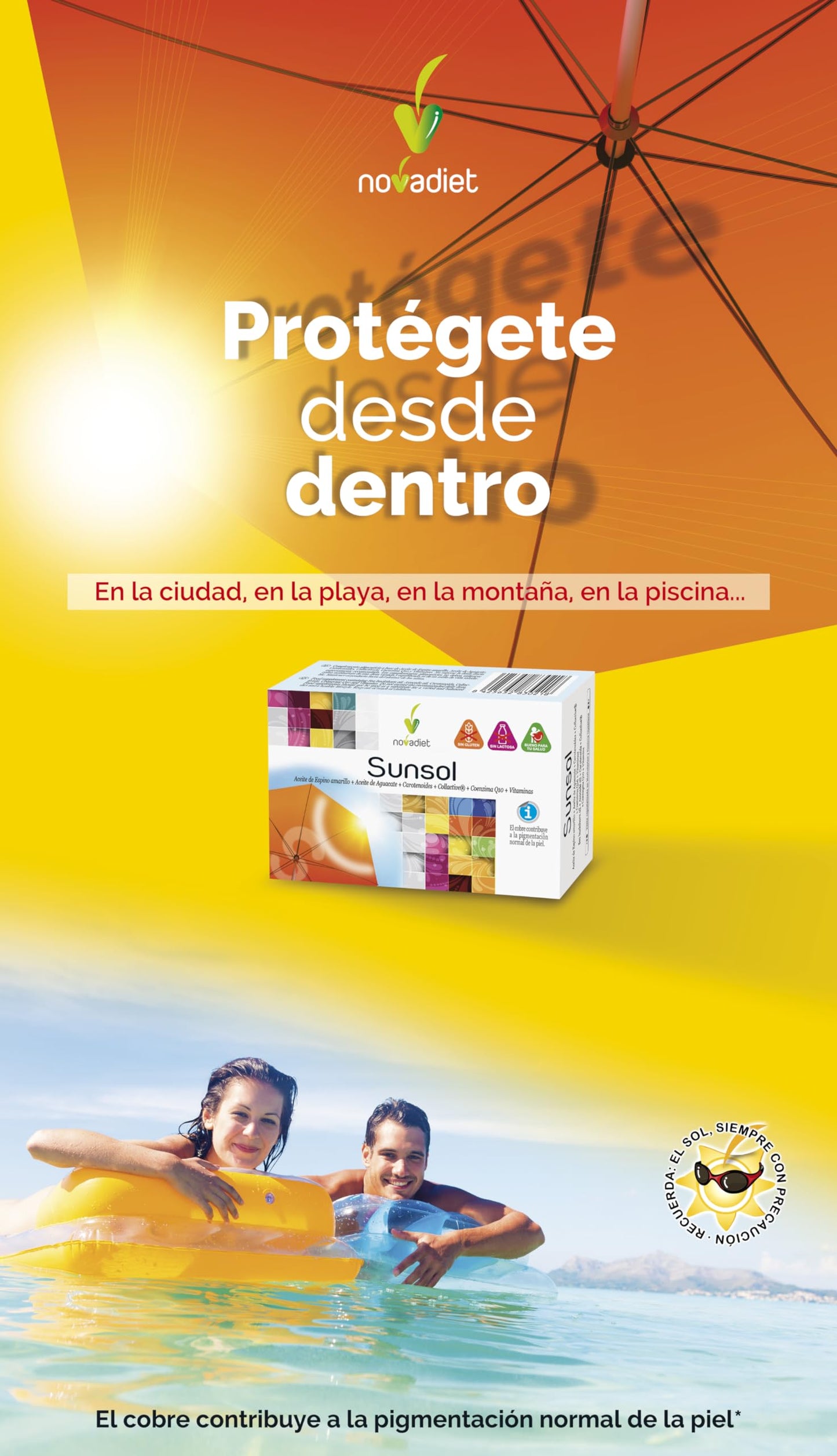 Novadiet - SUNSOL Cápsulas con HMB, Aceite de Coco, L-Triptófano, Carnitina, Café Verde y Colina - Para Potenciar y Mantener el Bronceado - Protección Solar para una Piel Radiante - 30 Cápsulas