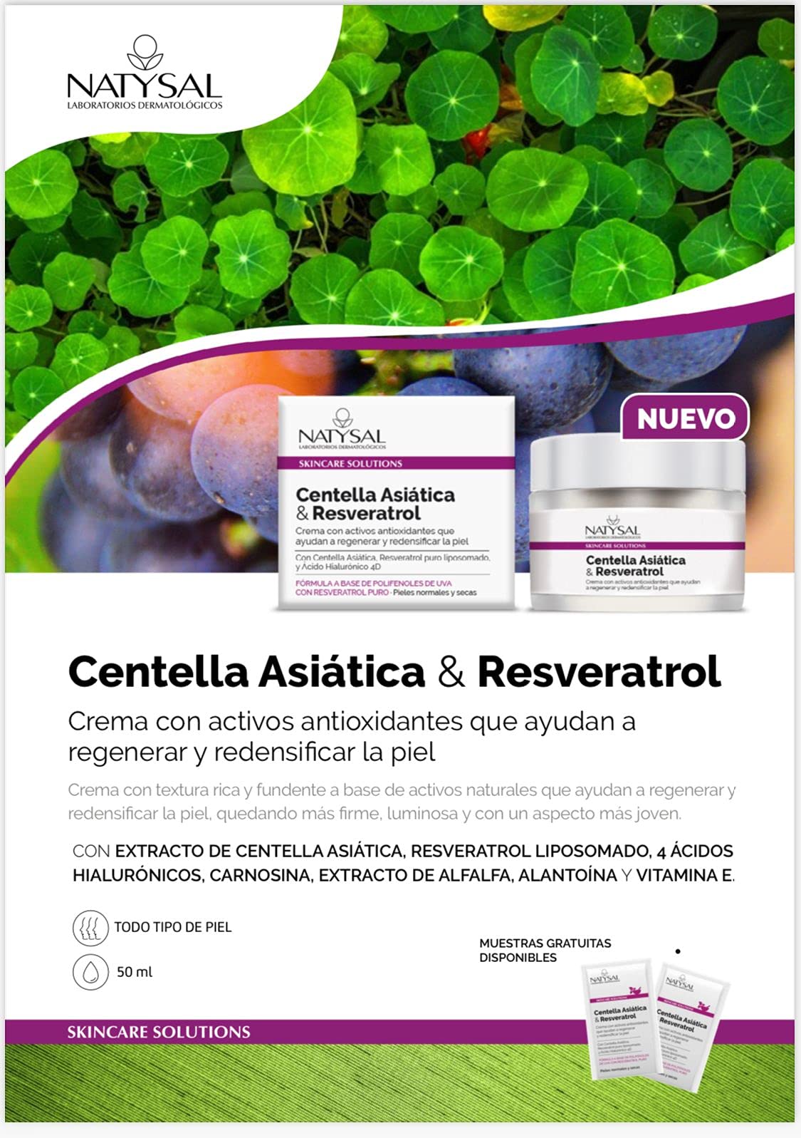 Natysal Crema de Resveratrol, Antioxidante y Antienvejecimiento, Multicolor, 50 Ml