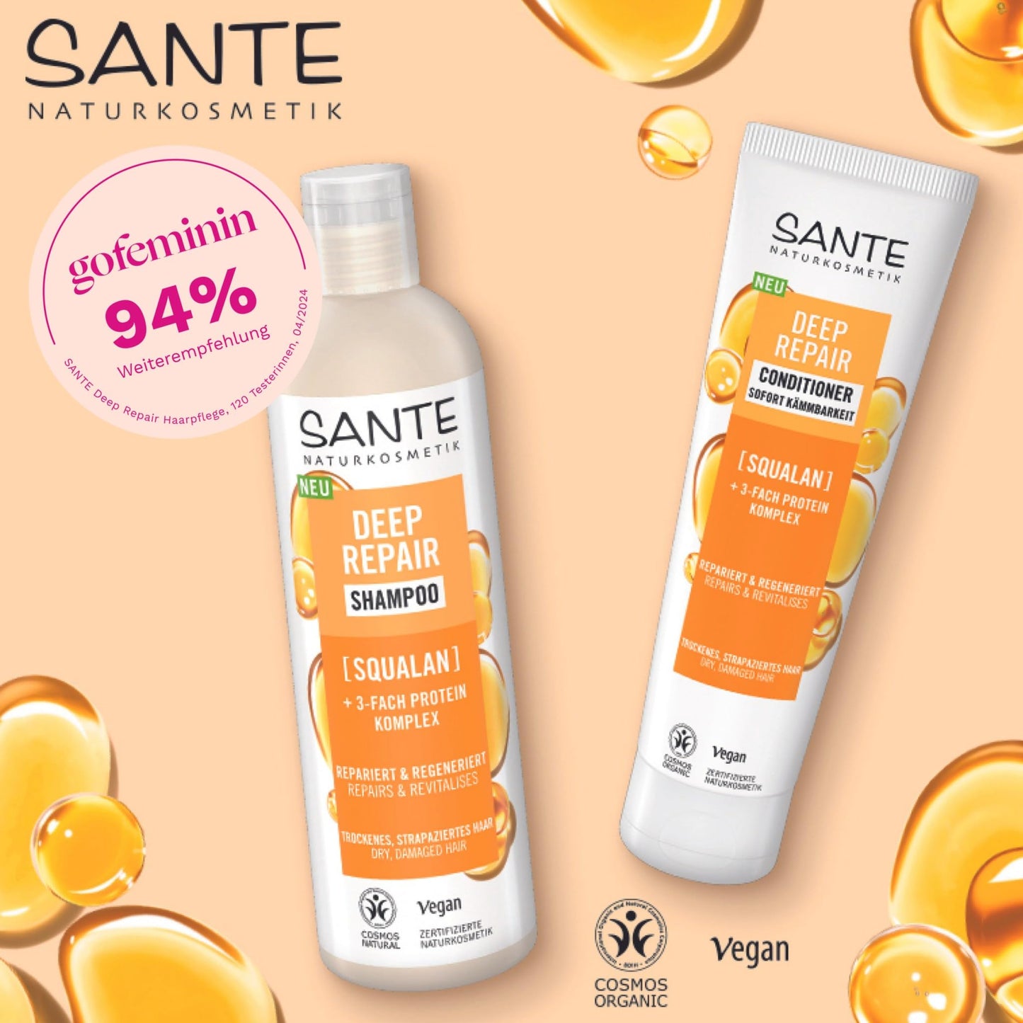 SANTE Naturkosmetik Deep Repair - Champú escualano + complejo de proteínas de 3 capas, champú vegano para el cuidado del cabello suave y brillante, repara el cabello seco y dañado, 950 ml