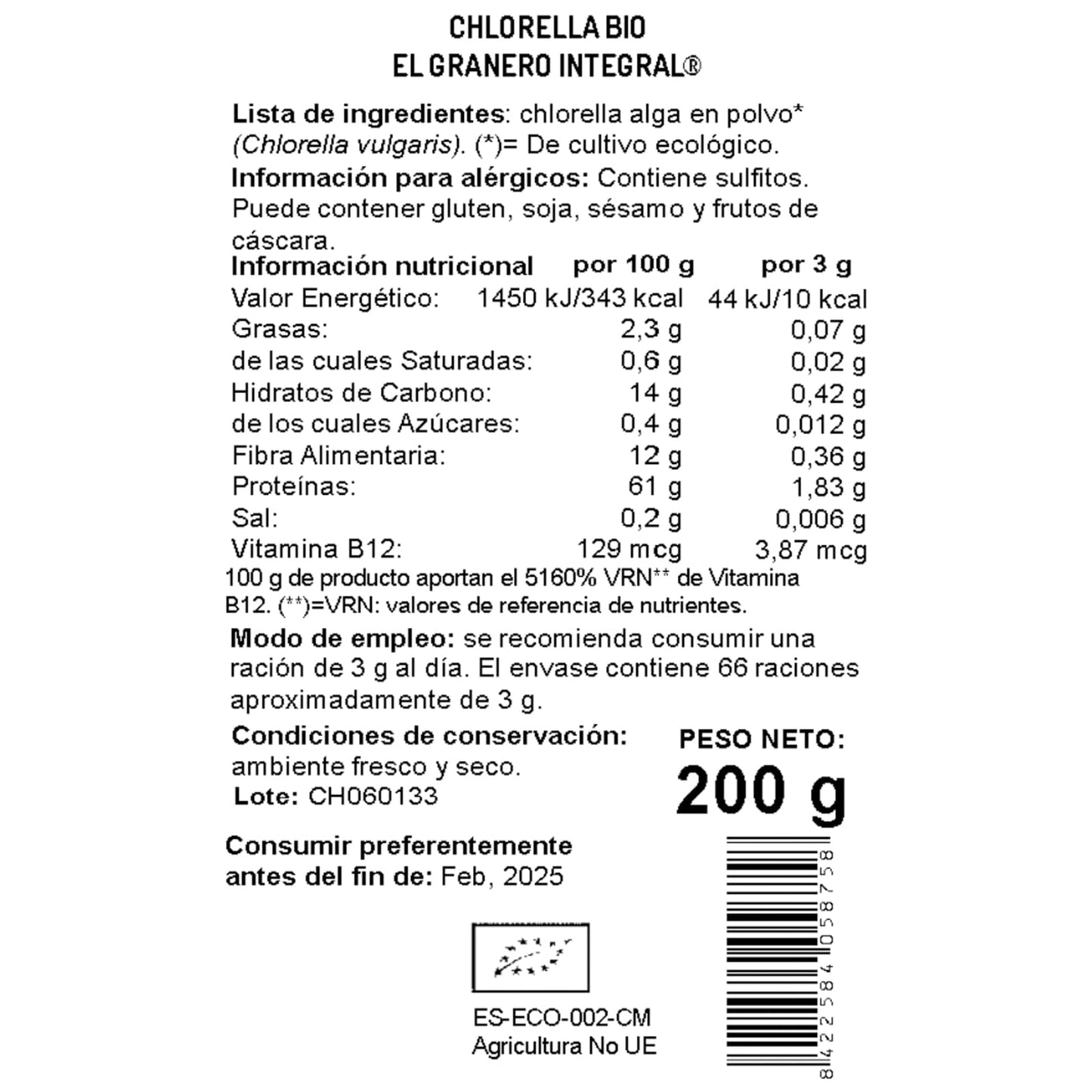 El Granero Integral - Chlorella Ecológica - 200 g - Apto para Veganos - Rico en Proteínas, Fibra y Vitamina B12 - Ayuda a la Depuración del Organismo - Ideal para Mezclar con Líquidos