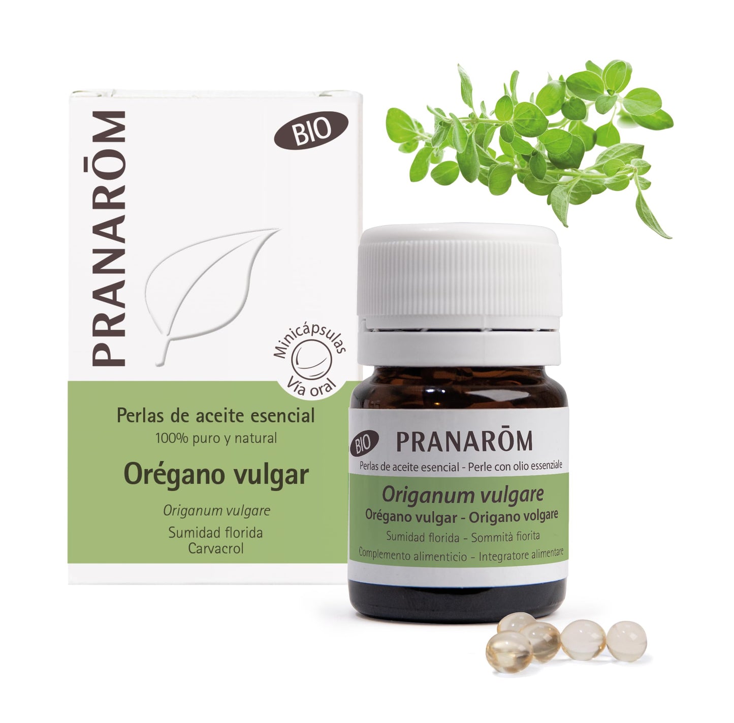 PRANARÔM - Perlas - Aceite Esencial de Orégano 100% Natural y Bio - Minicápsulas Faciles de Tragar - Apoyo a la Digestión - Formato Práctico - Sabor neutro - 60 minicápsulas.