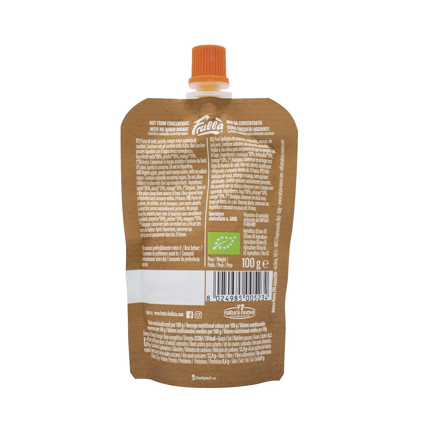 Natura Nuova Puré de manzana, melocotón y mango doypack bio - Frullá - 100g