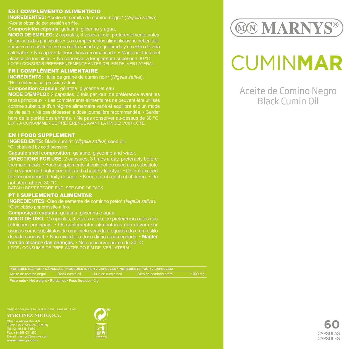 Cuminmar MARNYS, Aceite de Comino Negro Cápsulas, Para las Molestias Respiratorias y alergias en Primavera, 60 Cápsulas