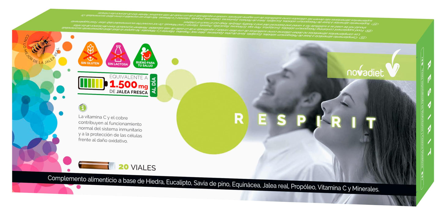 Novadiet - RESPIRIT Viales con Hiedra, Eucalipto, Savia de Pino, Equinácea, Jalea Real, Propóleo, Vitamina C y Minerales - Apoyo Respiratorio y Refuerzo Inmunológico - 20 Viales de 10 ml