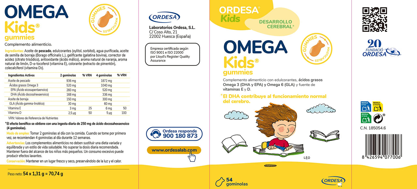 Ordesa OmegaKids Gummies | 54 Gominolas Masticables Complemento | Alimenticio con Omega 3 y Vitaminas para Niños desde los 5 Años, Ayuda al aporte adecuado de EPA y DHA