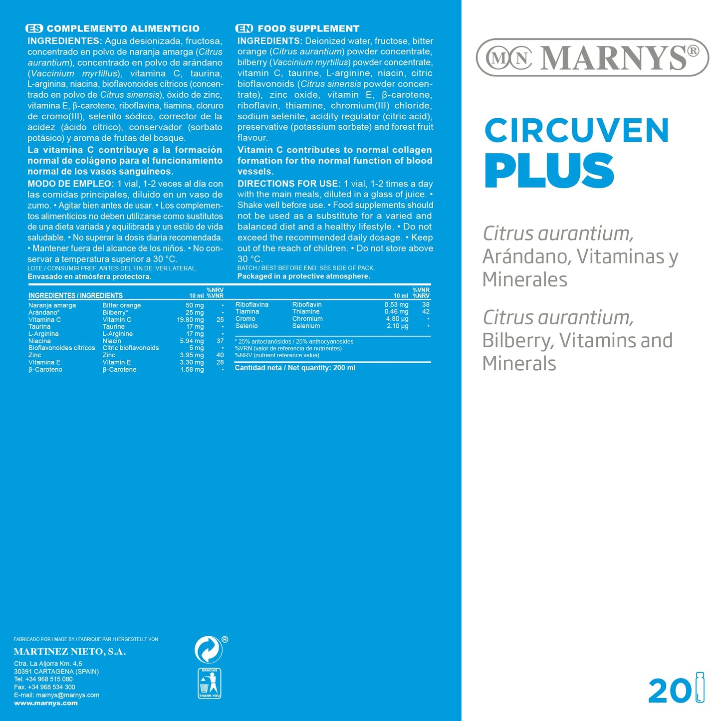 Circuven Plus MARNYS, Arándano Azul Útil para la Circulación Venosa, Piernas Más Ligeras, Disminuye la sensación de Piernas Cansadas, 20 Viales bebibles de 10 Ml