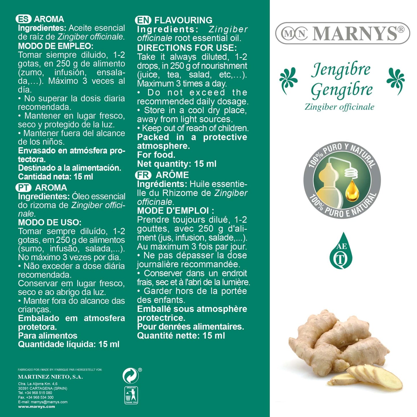 Marnys Aceite Esencial Jengibre - 100% Puro y Quimiotipado - Botella 15 ml 50 g