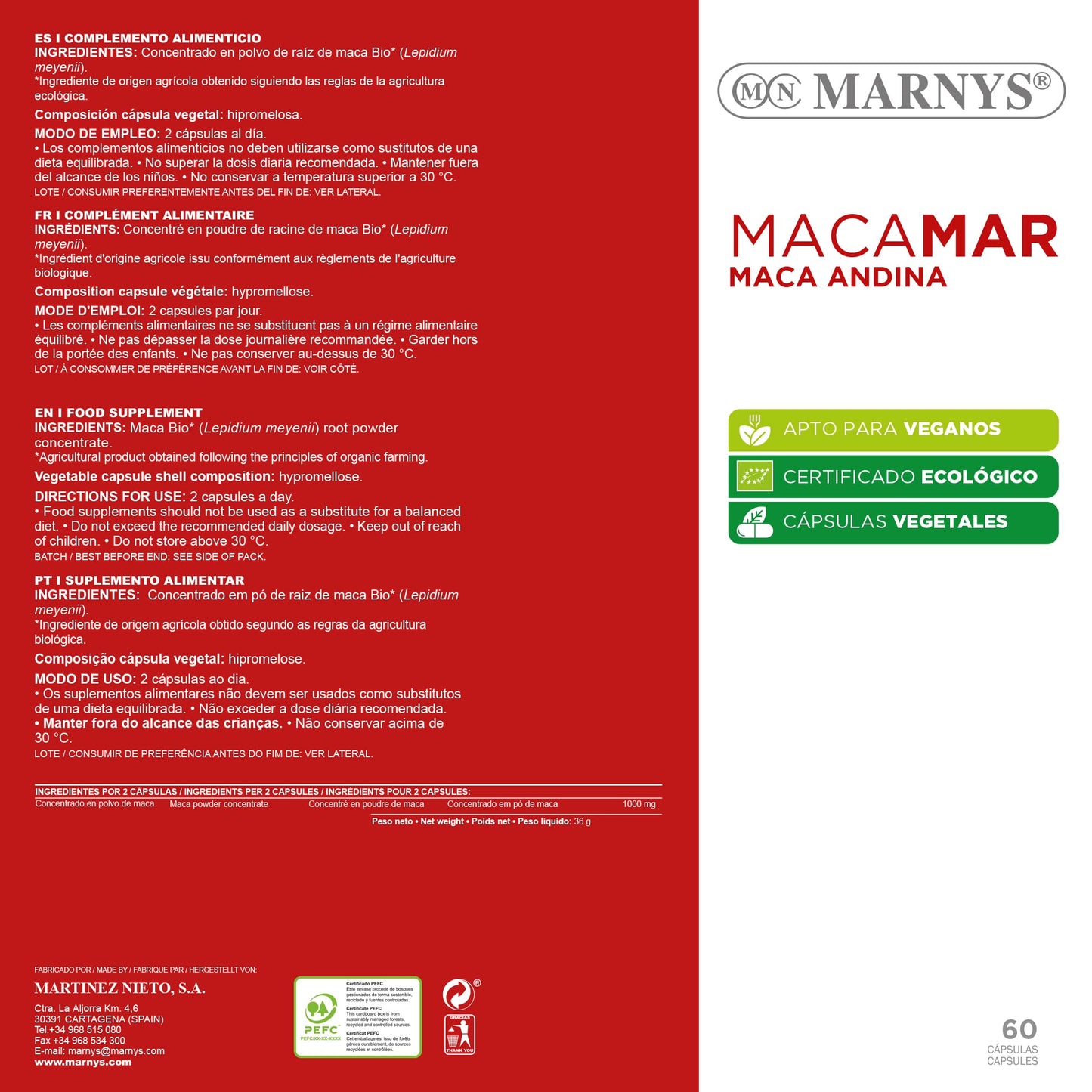 Maca Andina BIO - Macamar - Energía, vitalidad y deseo en la mujer - Para combatir el cansancio y la fatiga - 60 cápsulas vegetales