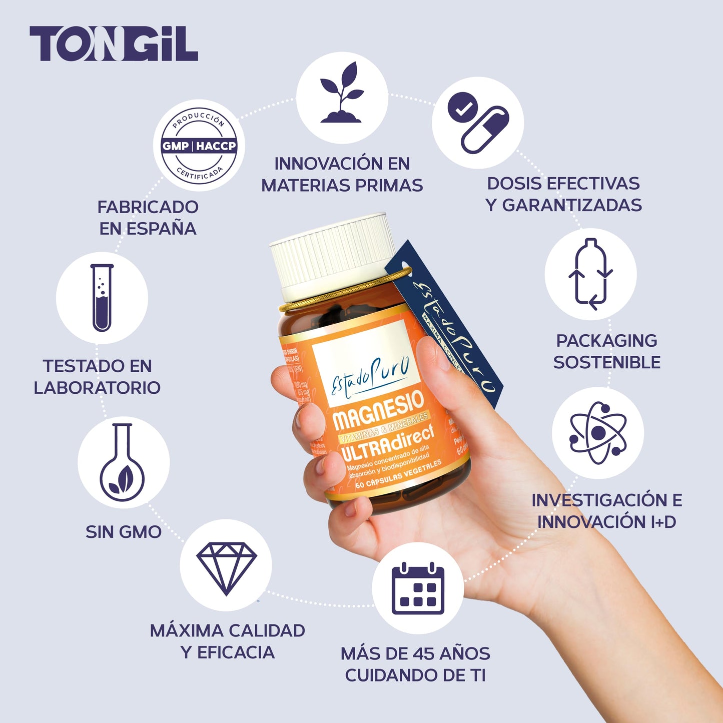 Glicinato de Magnesio Estado Puro | 375 mg de Magnesio Elemental | Bisglicinato de Magnesio 1200mg + Magnesio Marino 675mg | Alta Concentración, Suave para el Estómago, Vegano | 60 Cápsulas TONGIL