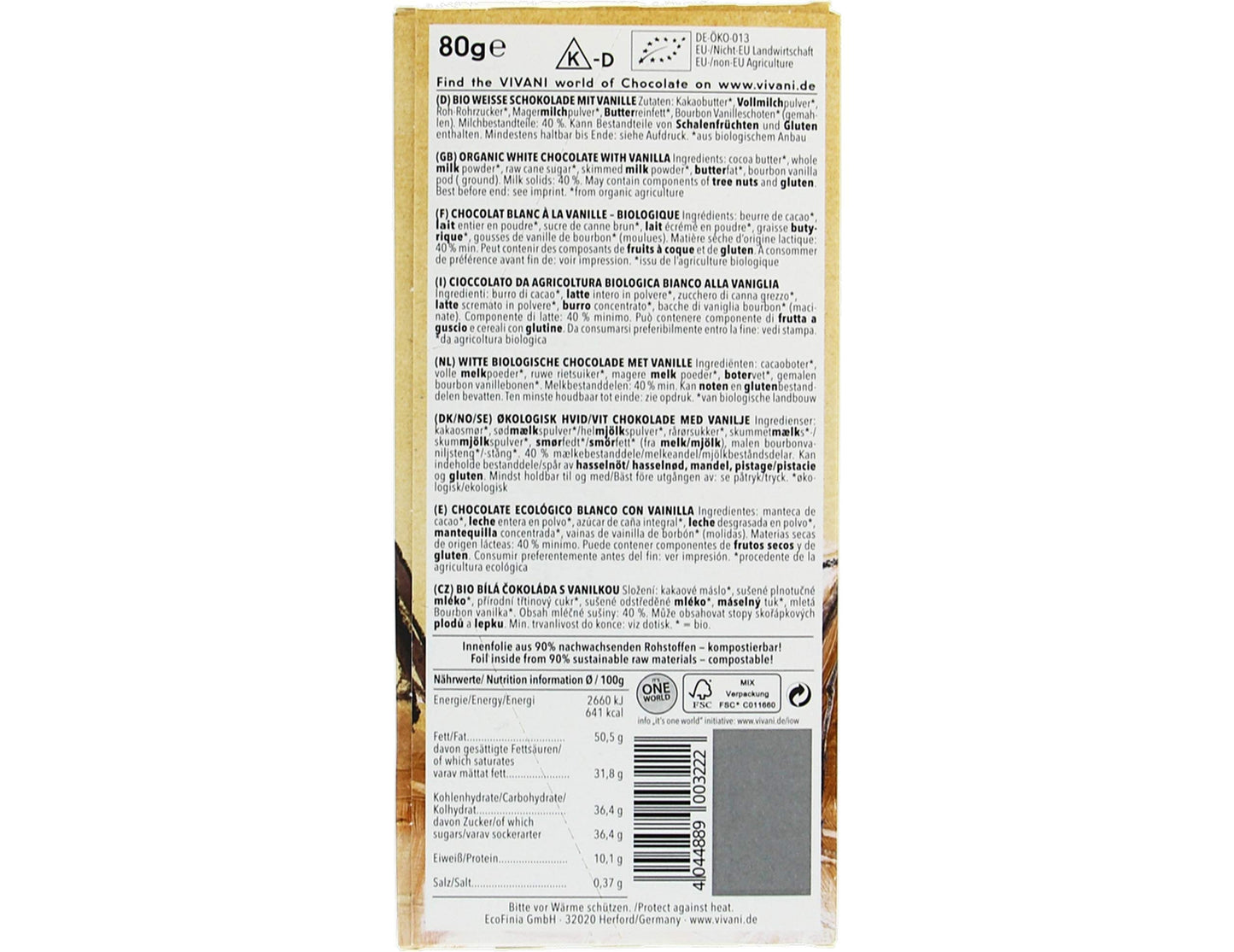 Chocolate Blanco con Vainilla Bourbon BIO - Vivani - 80g