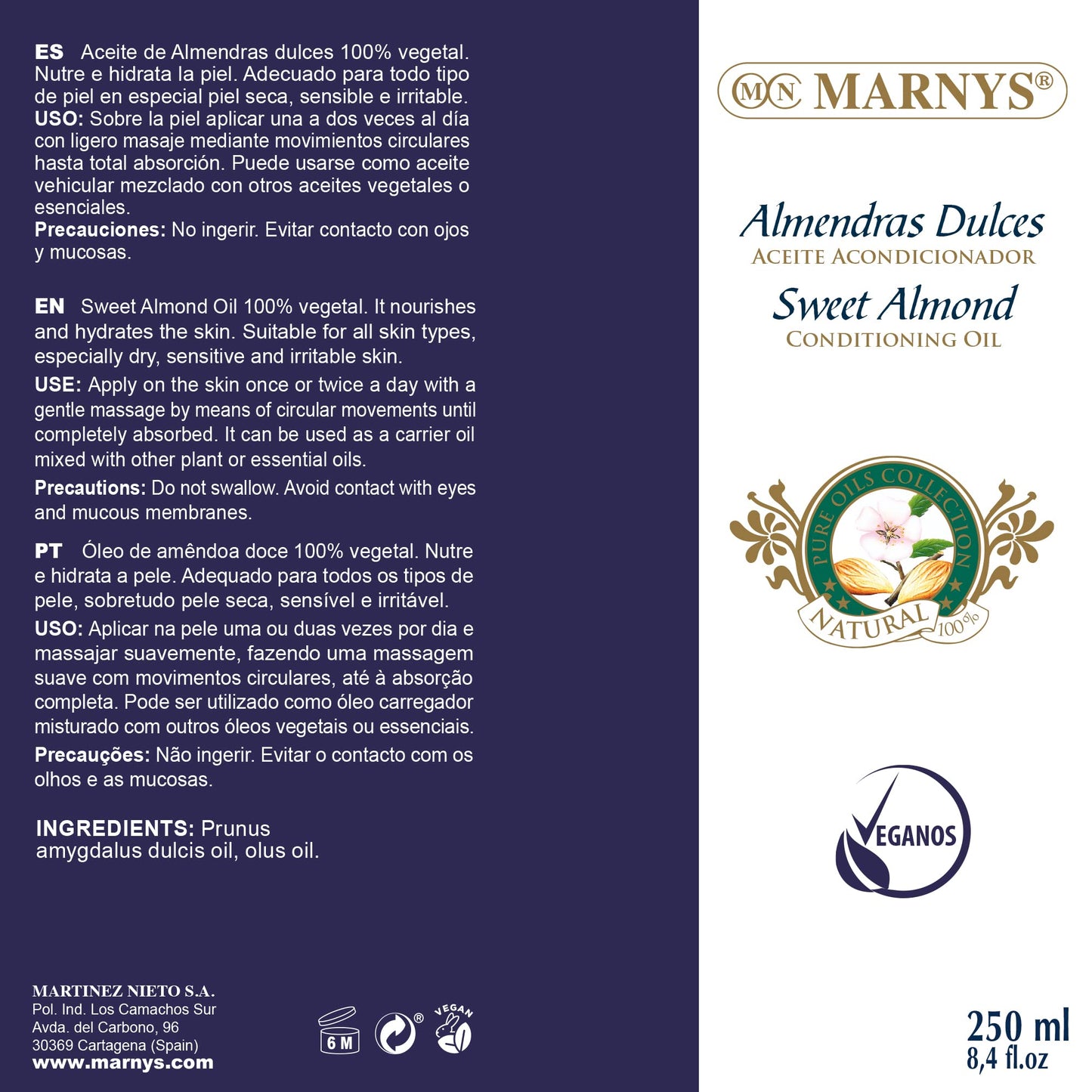 MARNYS Aceite de Almendras Dulces 100% Vegetal 250 ml