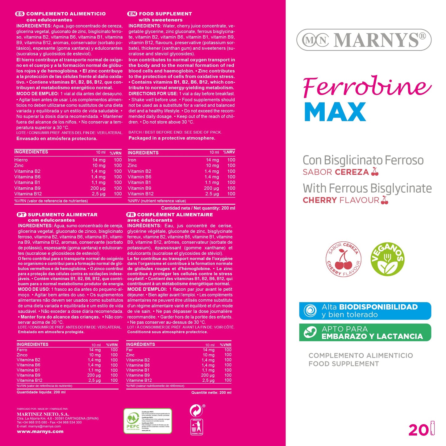 Ferrobine Max - Hierro, Zinc Y Vitaminas - Fortalecer el Cuerpo, Aliviando Cansancio y Fatiga - Para 1 Mes - 20 Viales Monodosis Con Sabor Cereza